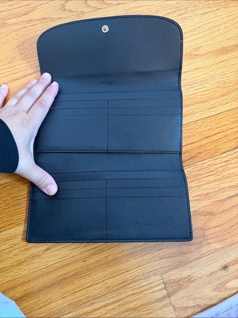 Coach Black Pebbled Leather Continental Wallet with Gold Logo